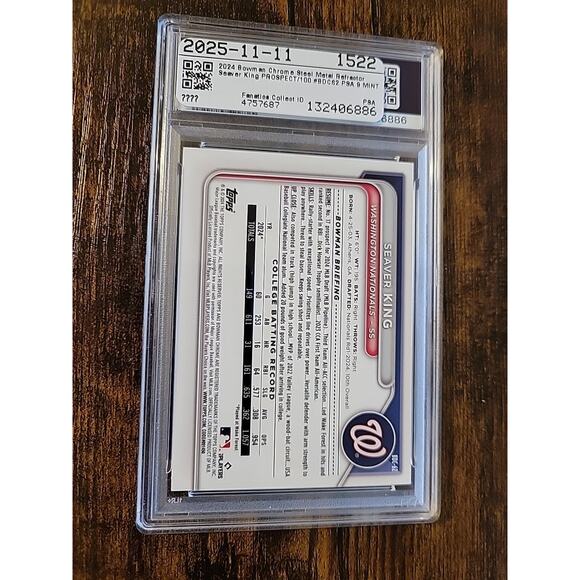 2024 Bowman Draft Seaver King Chrome Steel Metal Ref Nationals PSA 9 Mint - Picture 2 of 2